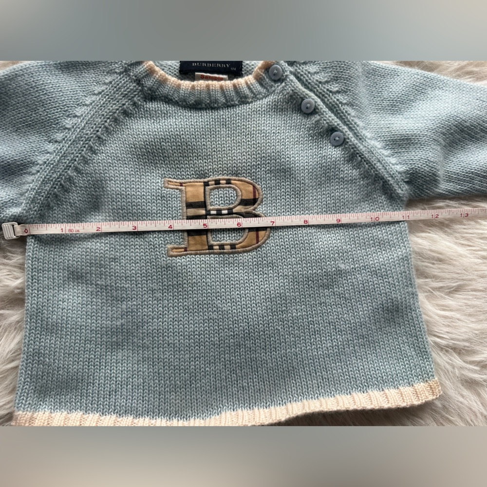 Burberry Baby Light Blue Knit Sweater with Cream brown B Burberry Nova Check - Picture 10 of 14